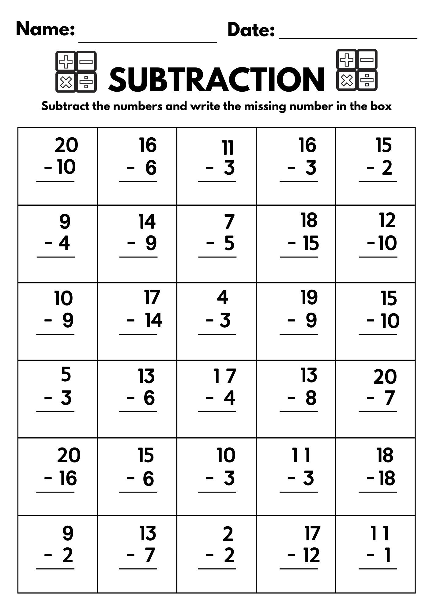 10 Printable Subtraction Fill In The Blanks Worksheets Numbers 1 20 For Kindergarten 1st Grade 2nd Grade Math Subtraction Worksheets Etsy