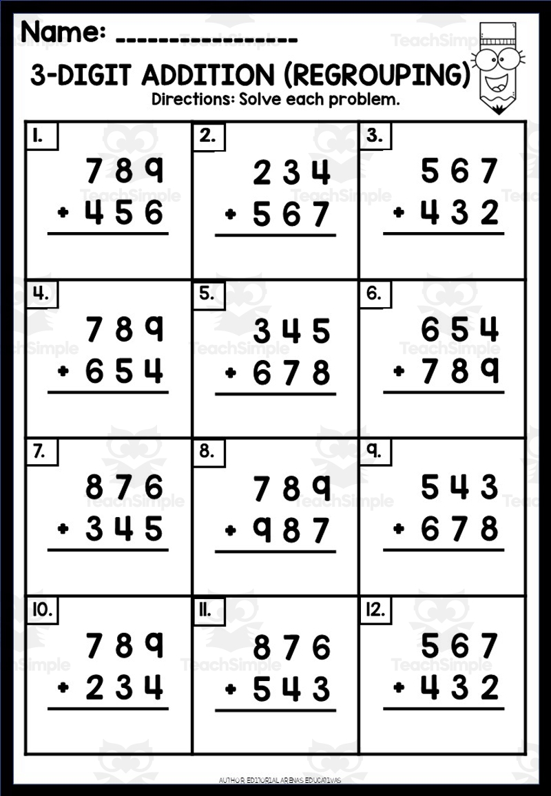 10 WORKSHEETS OF 3 DIGIT ADDITION WITH REGROUPING By Teach Simple Triple Digit Addition With Regrouping K12 Math Worksheets