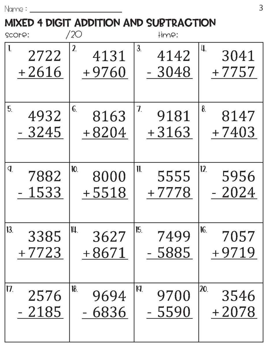 100 Four Digit Mixed Addition And Subtraction With And Without Regrouping Worksheets Etsy