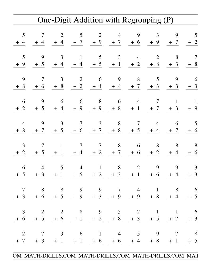 100 Single Digit Addition Questions With Some Regrouping A
