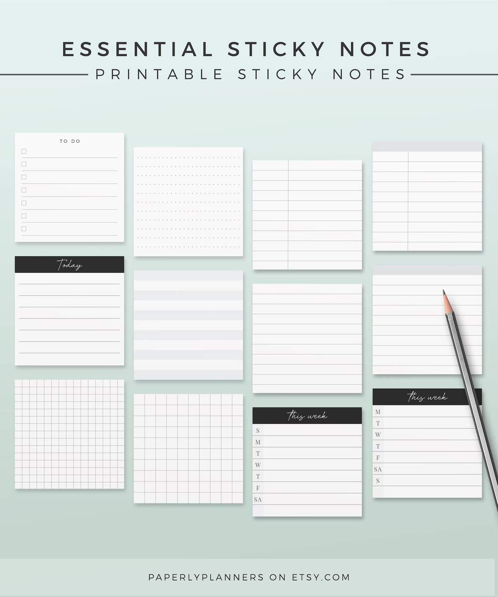 12 Essential Sticky Notes Printable Sticky Notes Template 3X3 Inch Sticky Notes Printable Planner Decor Grid Notes To Do List Etsy