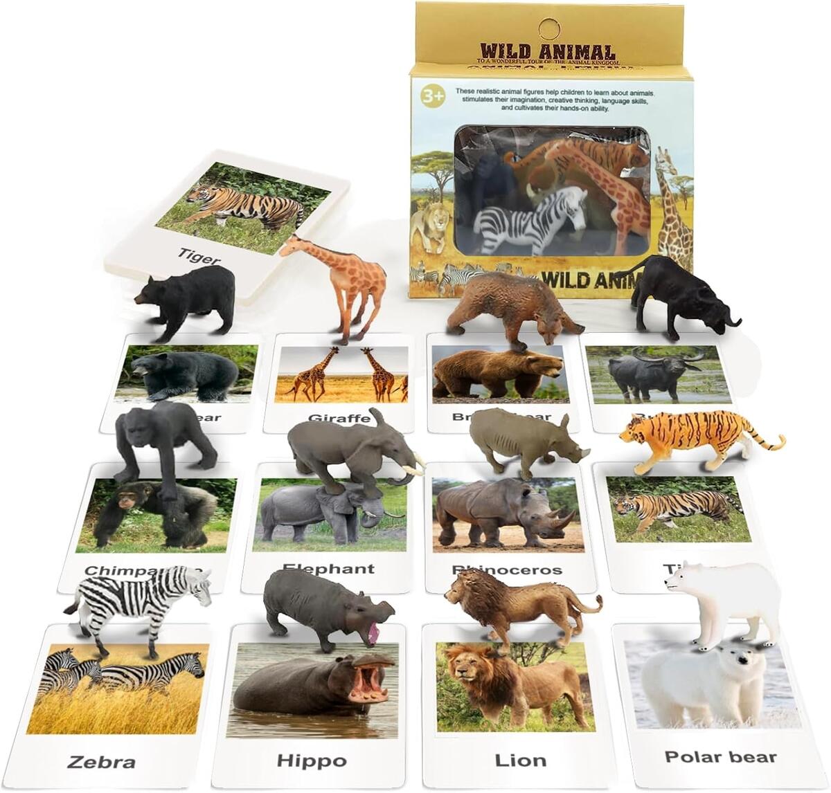 12 Safari Animals Figures Toys With 12 Flash Cards Realistic Mini Jungle Animal EBay