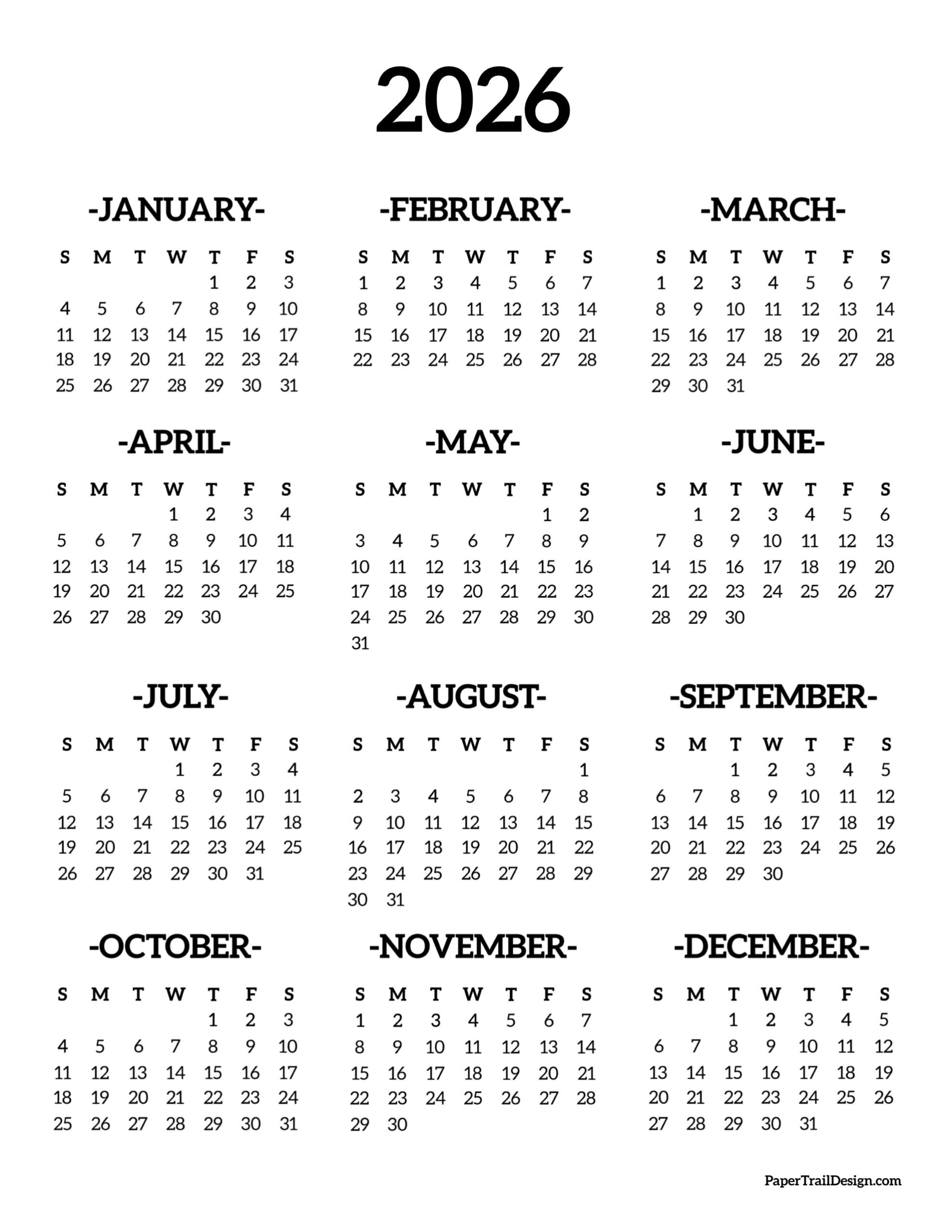 2026 Printable Calendar PDF Or Excel