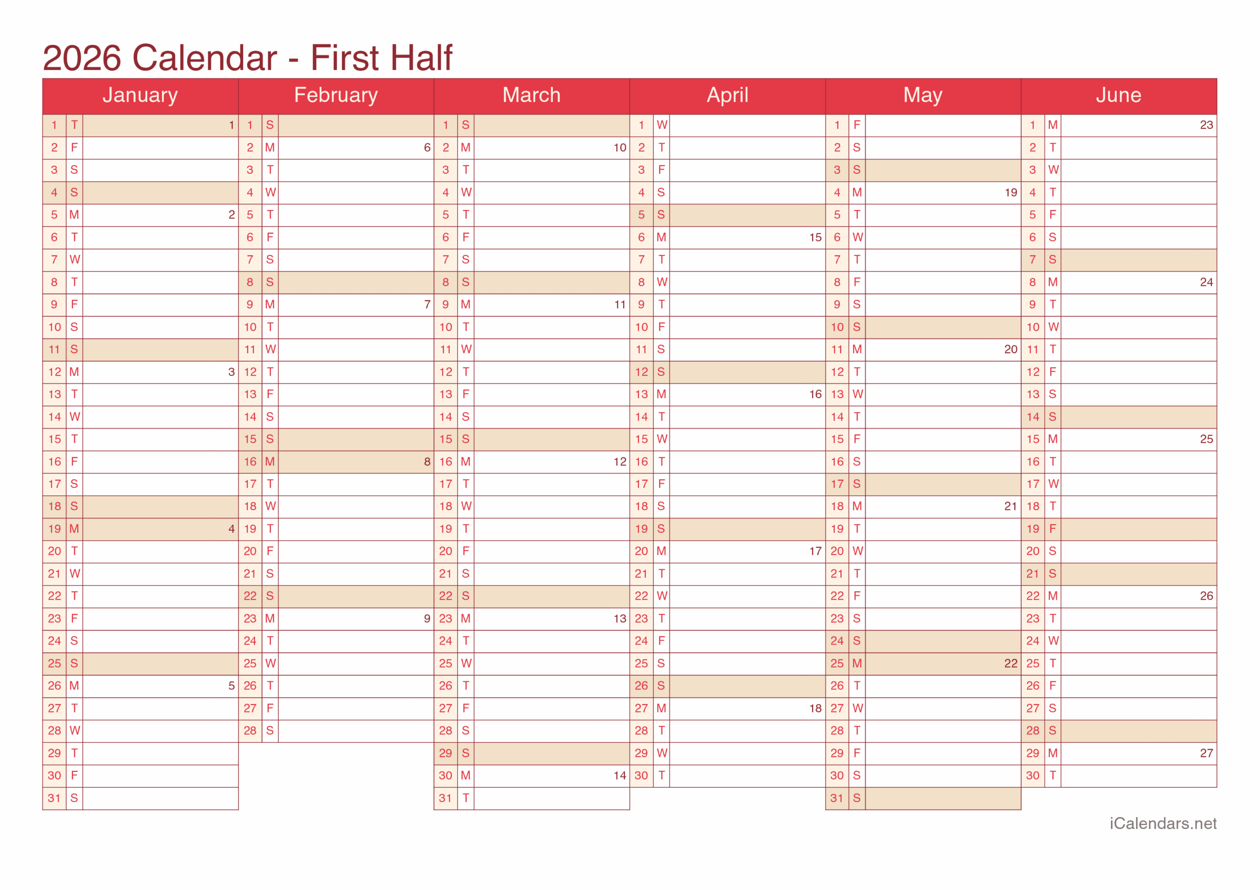 2026 Printable Calendar PDF Or Excel