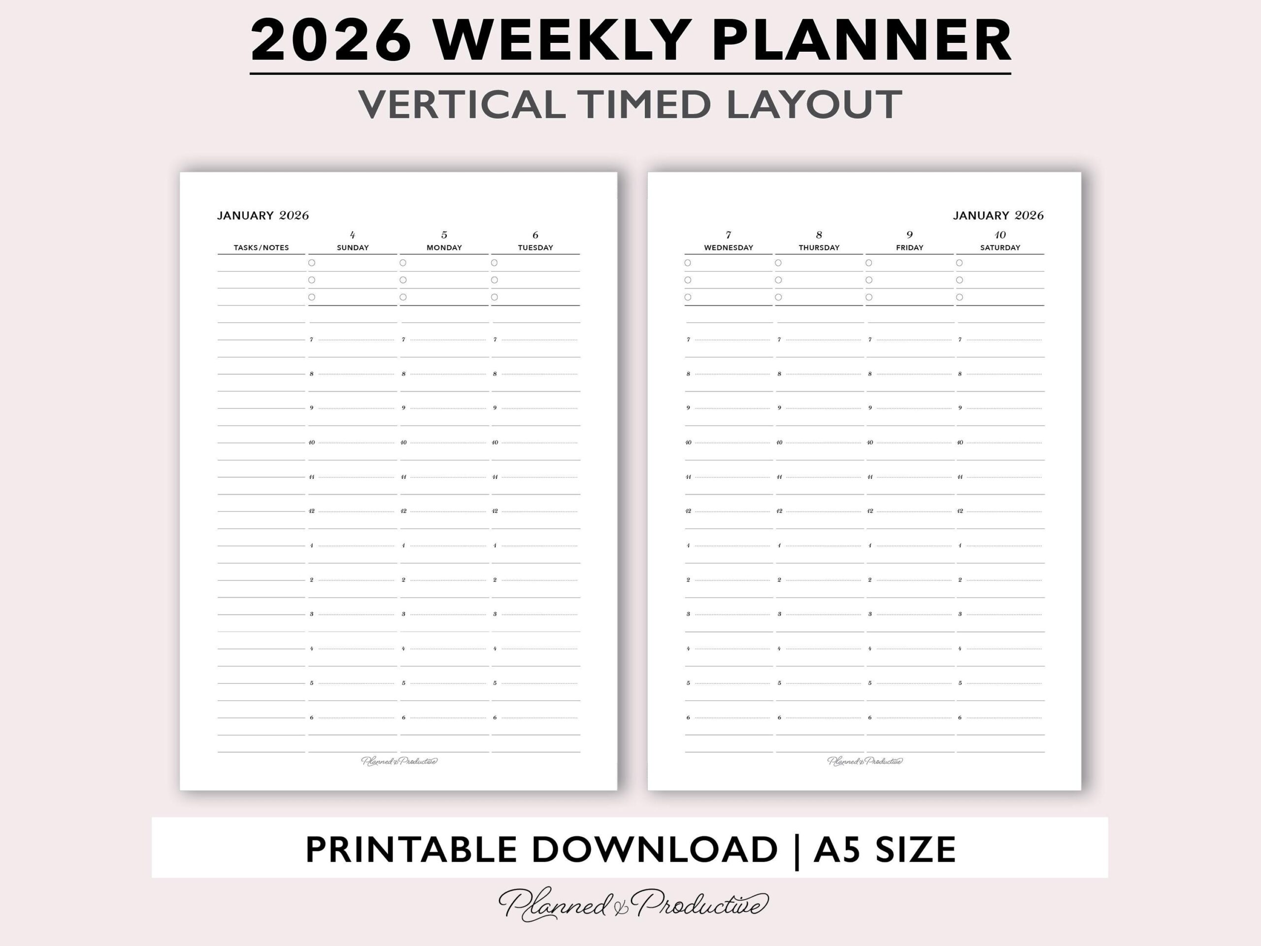 2026 Vertical Weekly Planner Printable Timed Weekly Planner Insert Week On 2 Page Planner Template Hourly Weekly Schedule For A5 Planners Etsy Israel