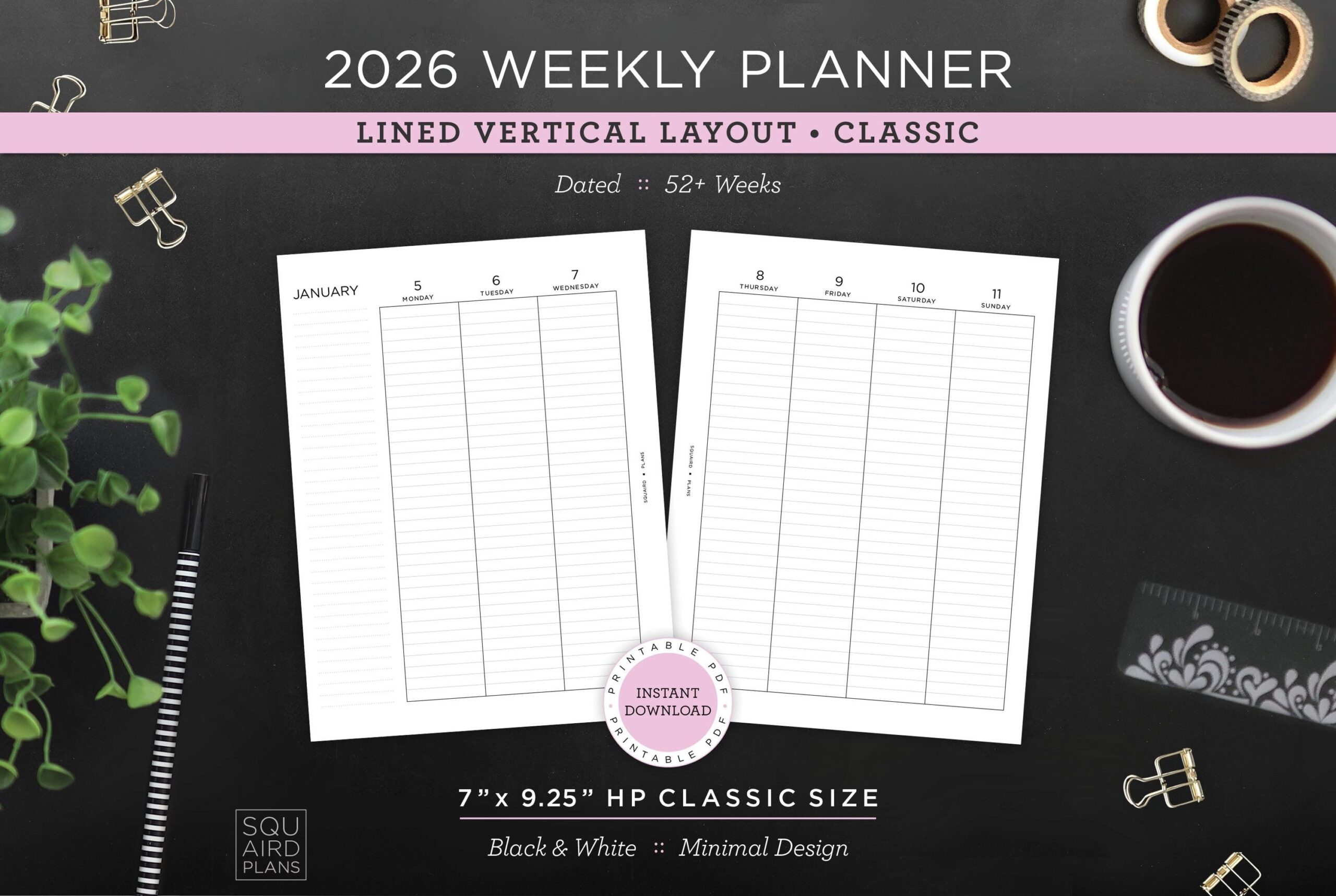 2026 Weekly Planner Printable Lined Vertical Layout 7 X 9 25 HP Classic Size Minimal Neutral Design 2 Page Spread Download Etsy