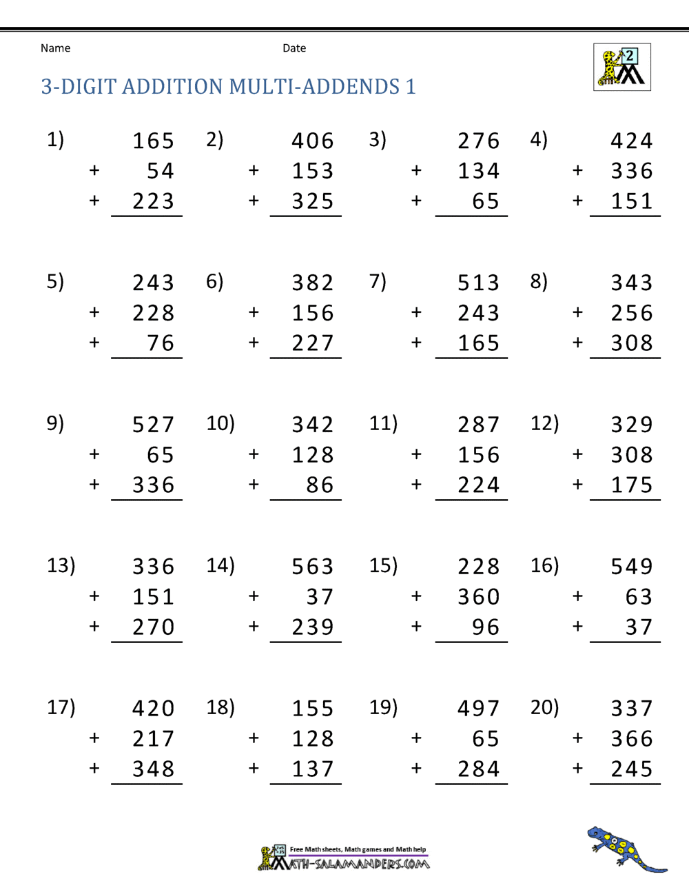 3 Digit Addition Worksheets