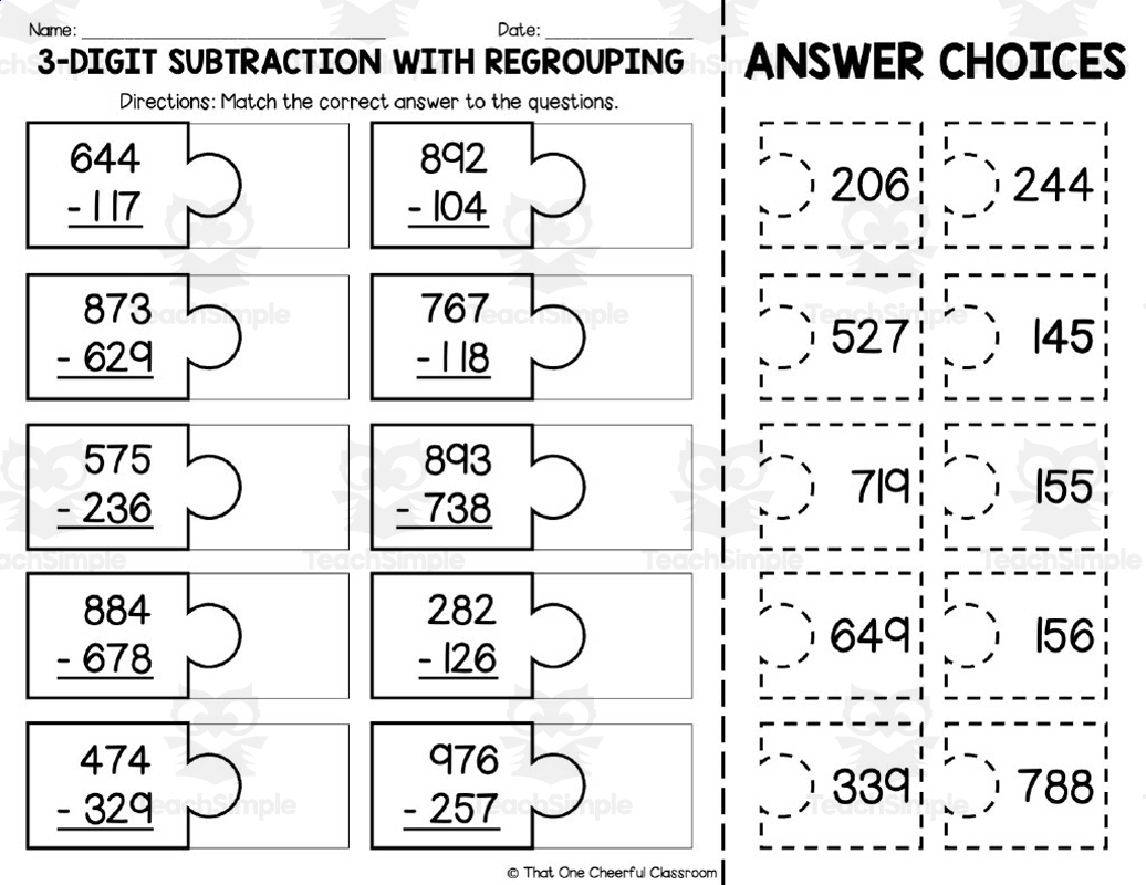 3 Digit Subtraction With Regrouping Matching Worksheet By Teach Simple 3 Digit Subtraction With Regrouping Matching Worksheet By Teach Simple