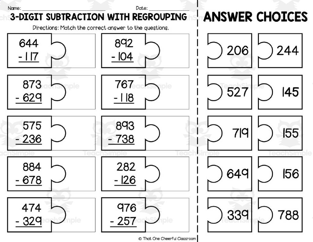 3 Digit Subtraction With Regrouping Matching Worksheet By Teach Simple 3 Digit Subtraction With Regrouping Matching Worksheet By Teach Simple