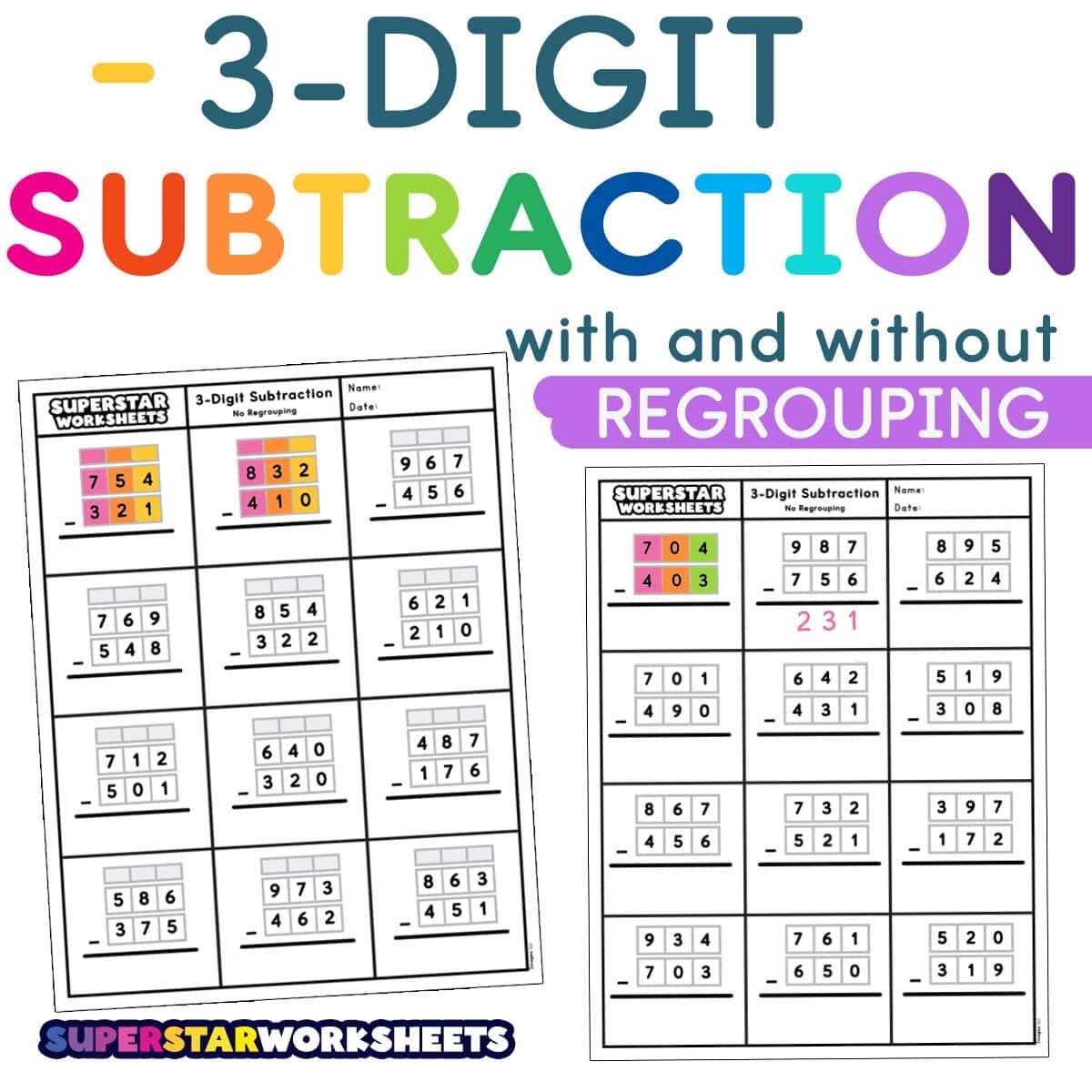 3 Digit Subtraction Worksheets Superstar Worksheets Three Digit Subtraction Without Regrouping Worksheets Etsy