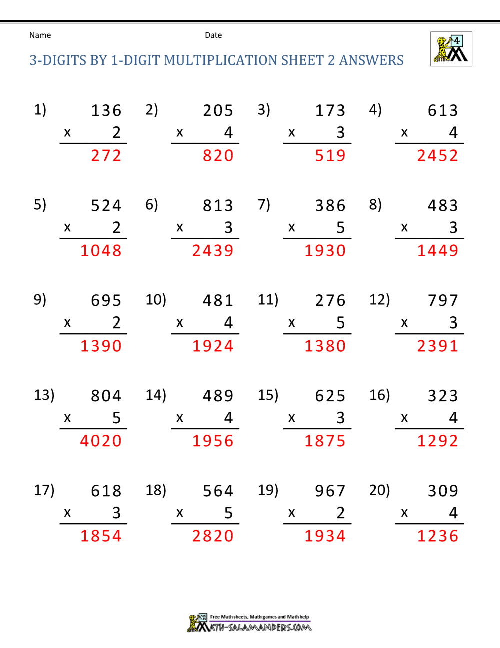 3 X 1 Digit Multiplication Sheet 2 Answers