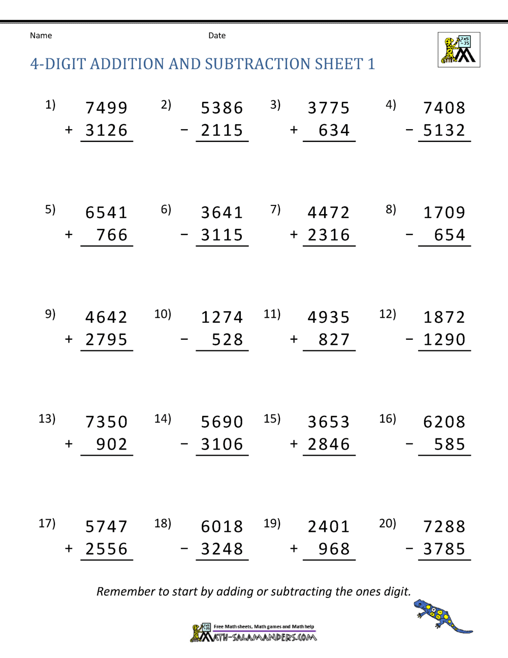 4 Digit Addition And Subtraction Worksheets