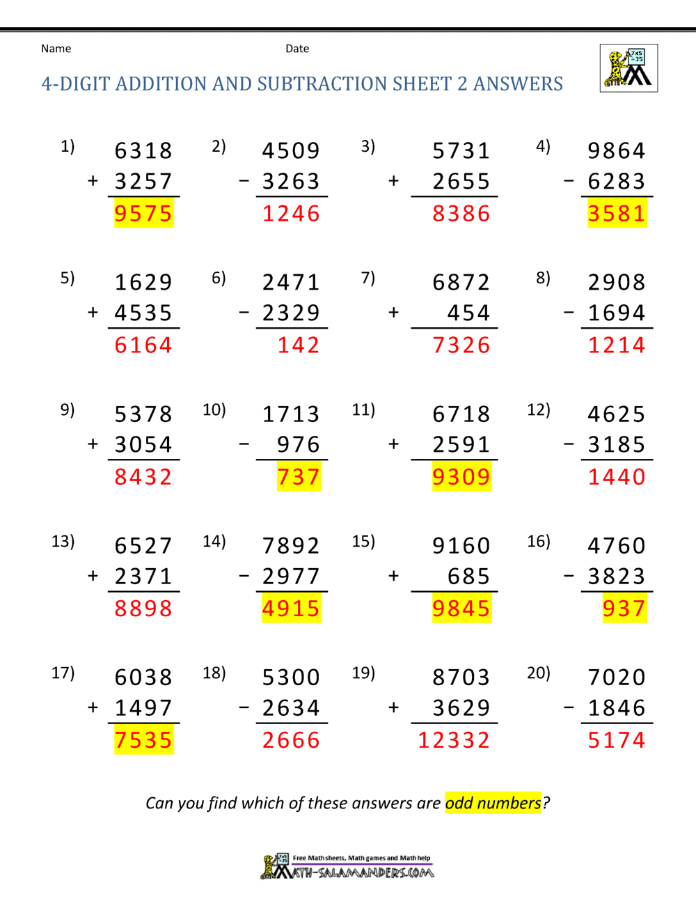 4 Digit Addition And Subtraction Worksheets