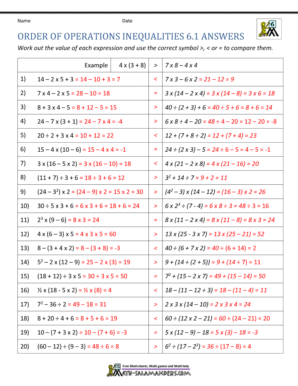 6th Grade Order Of Operations Worksheets 6th Grade Order Of Operations Worksheets