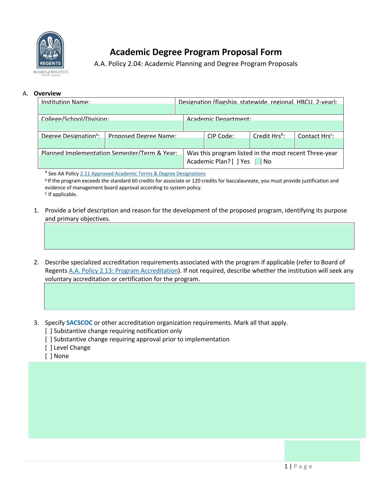 Academic Degree Program Proposal Form Academic Degree Program Proposal Form