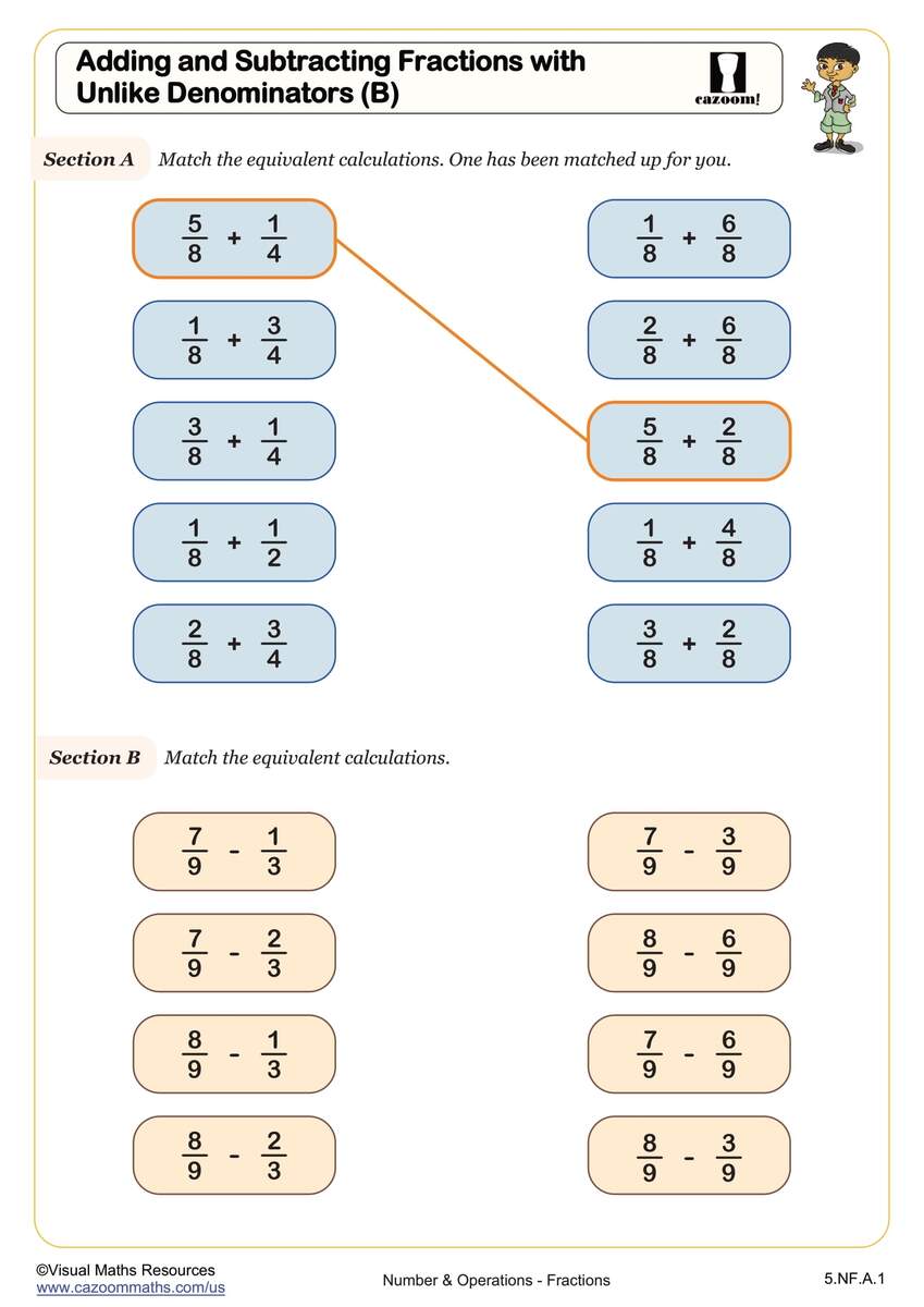 Adding And Subtracting Fractions With Unlike Denominators B Worksheet Fun And Engaging 5th Grade Number And Operations Worksheet Cazoom Math Adding And Subtracting Fractions Worksheets