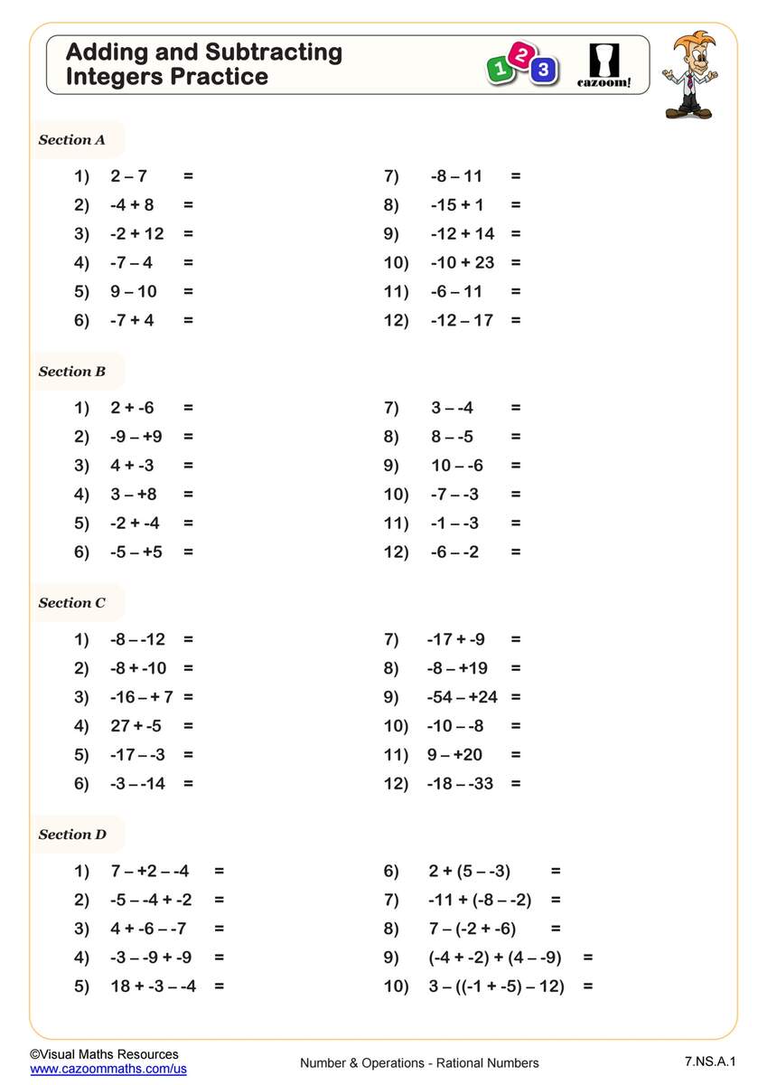 Adding Integers With Counters Worksheet PDF Printable Number Operations Worksheet Cazoom Math