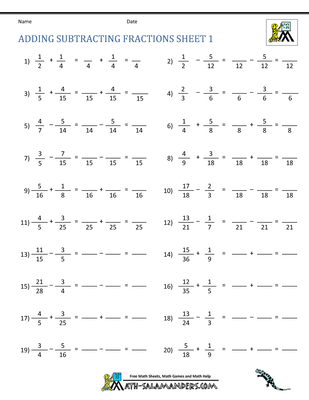 Adding Subtracting Fractions Worksheets Adding And Subtracting Fractions Worksheet Printable Maths Worksheets