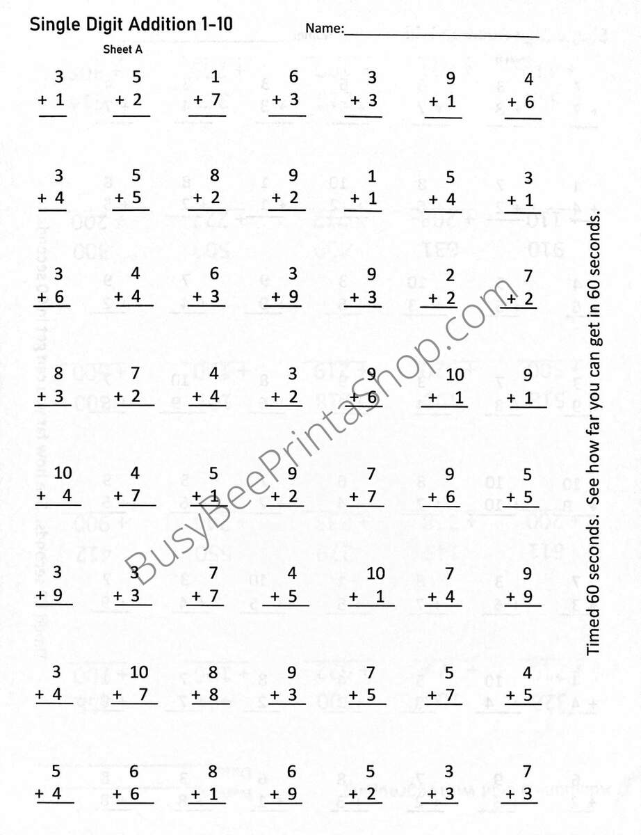 Addition 1 10 Timed Worksheet 2 Sheets 56 Math Problems On Each Sheet Etsy