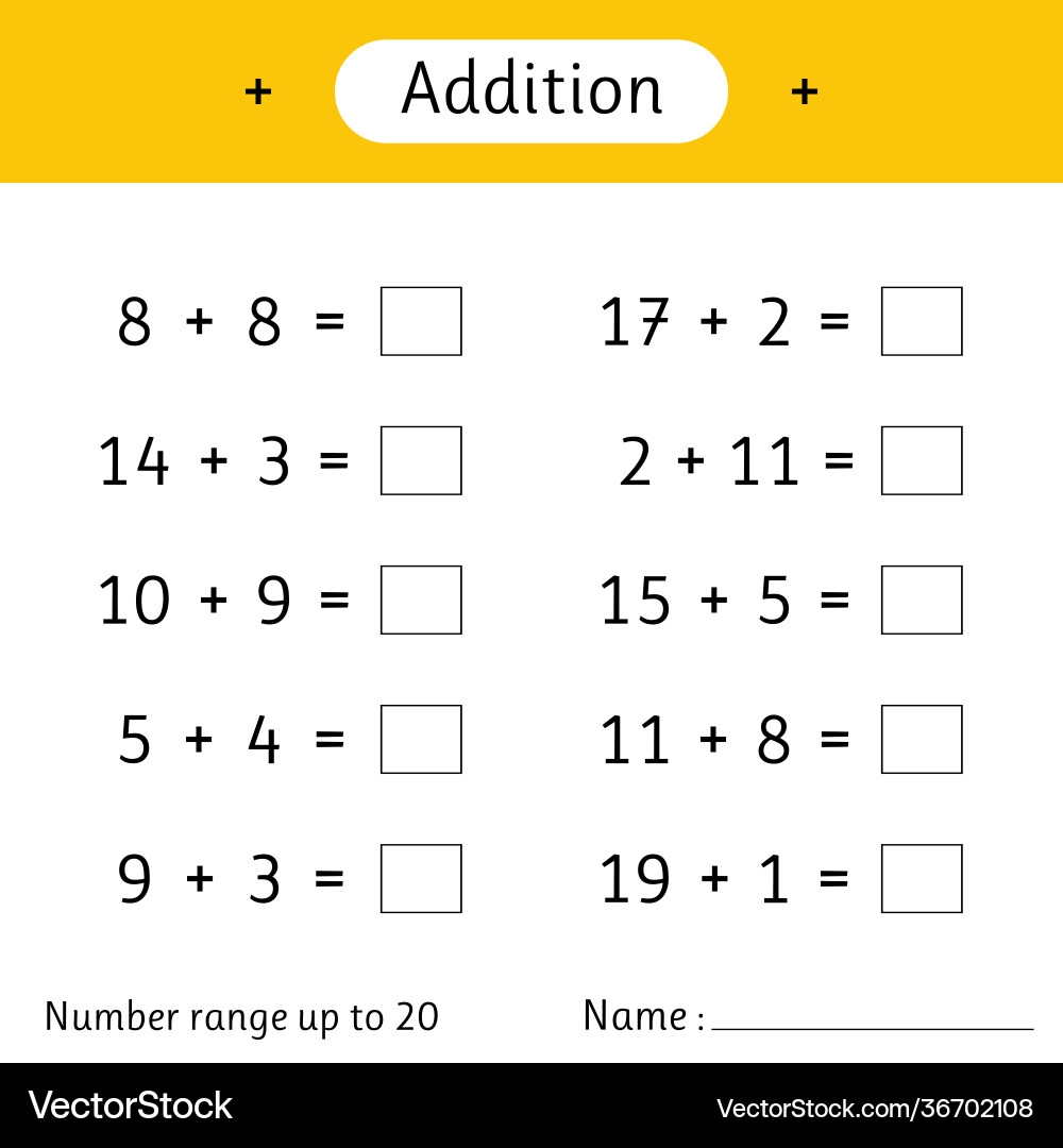 Addition Number Range Up To 20 Math Worksheet Royalty Free Vector VectorStock Addition Number Range Up To 20 Math Worksheet Royalty Free Vector VectorStock