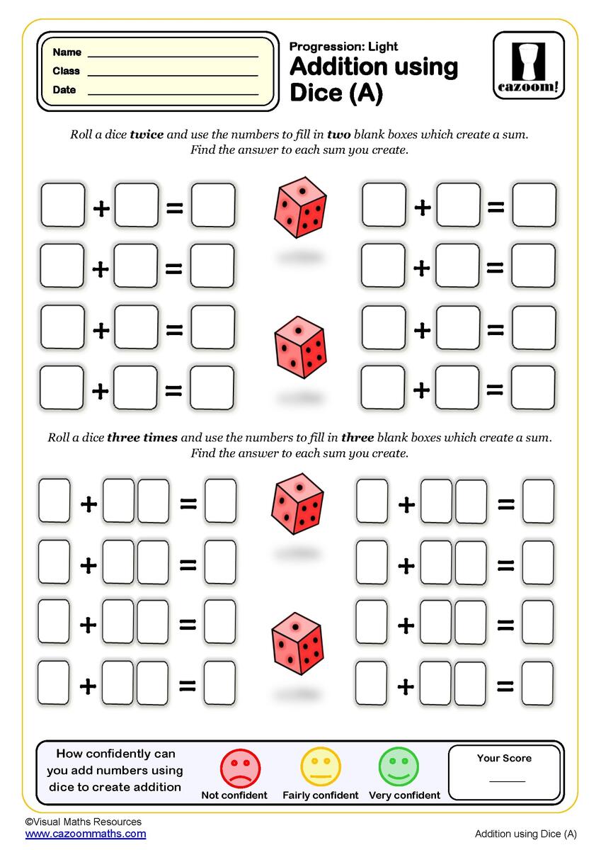 Addition Using Dice Worksheet A PDF Printable Addition Worksheets