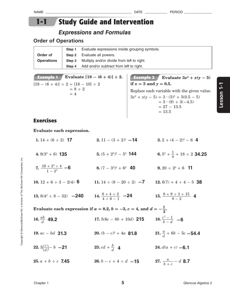 Algebra 2 Expressions Formulas Order Of Operations