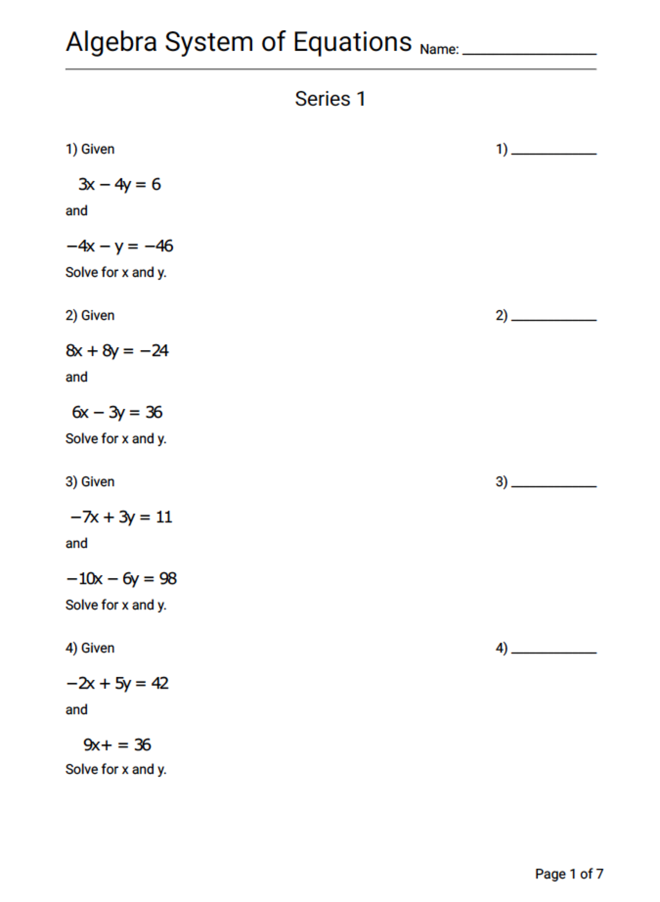 Algebra Systems Of Equations Worksheet Series 1 Geek Slop Online