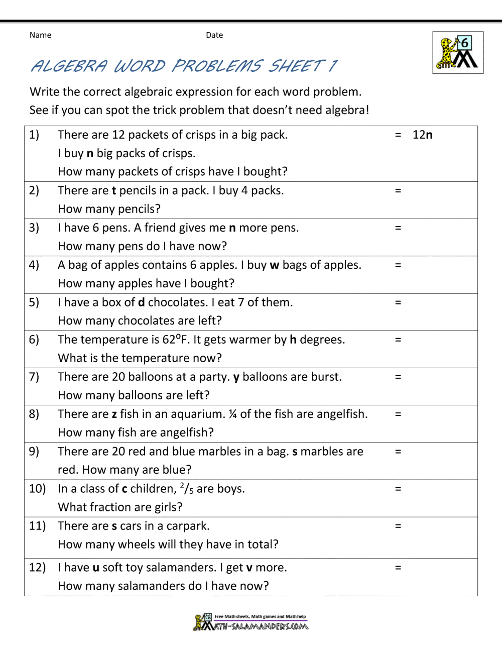 Algebra Word Problems Algebra Word Problems