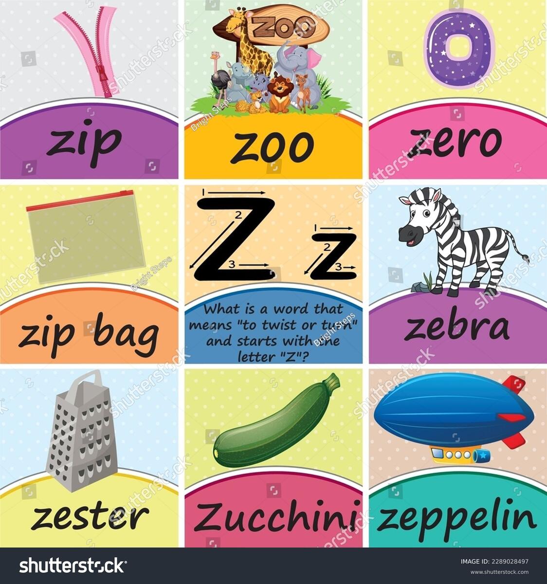 Alphabet Letter Zz Word Poster flash Cards Stock Vector Royalty Free 2289028497 Shutterstock