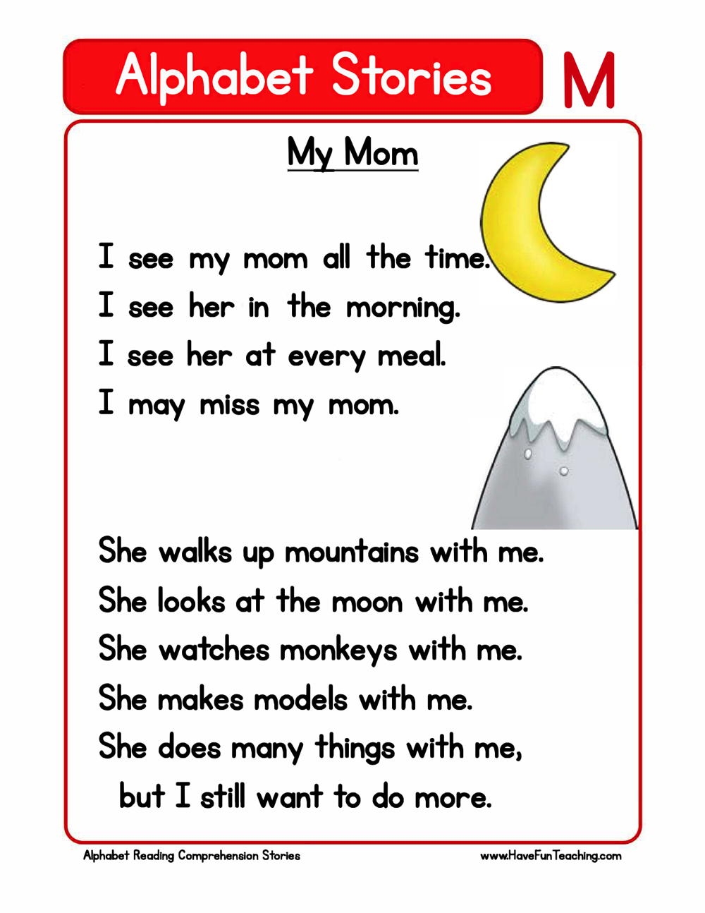 Free Kindergarten Reading Comprehension Worksheet Level A