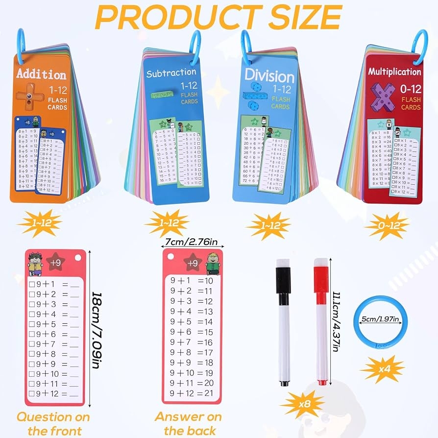 Amazon 4 Pack 60pcs Multi Math Time Table Flash Cards Include 8 Markers 4 Binder Rings Subtraction Multiplication Division Flashcards Math Learning Tools For Beginners Kids Toys Games