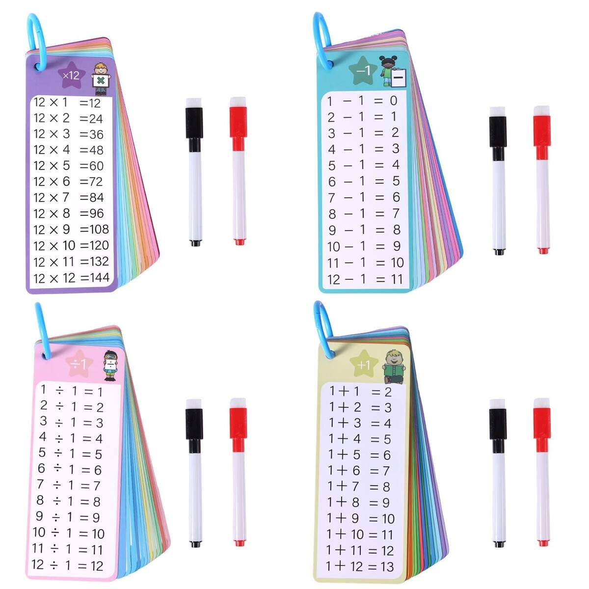 Amazon 4 Pack 60pcs Multi Math Time Table Flash Cards Include 8 Markers 4 Binder Rings Subtraction Multiplication Division Flashcards Math Learning Tools For Beginners Kids Toys Games