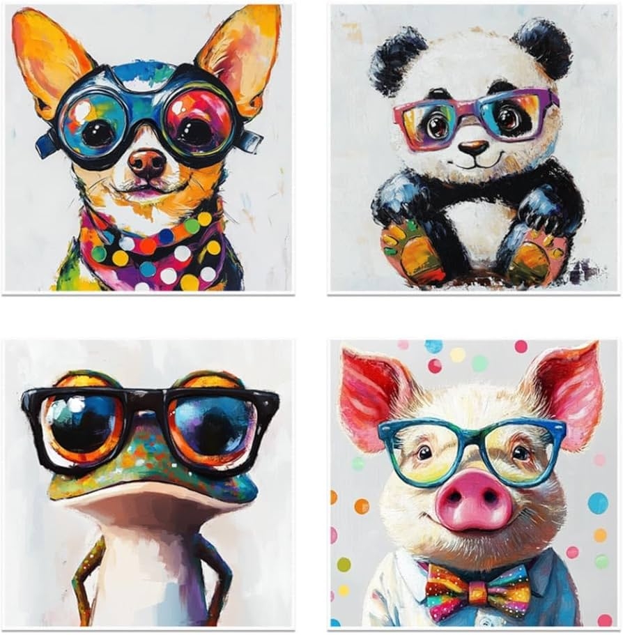 Amazon CCWORKERRY Animals With Glasses Wall Art 4 Pieces Funny Nursery Animal Poster Canvas Prints Cute Dog Panda Frog Pig Pictures Kids Room Decor Unframed 20 x20 x4 Pieces Posters Prints
