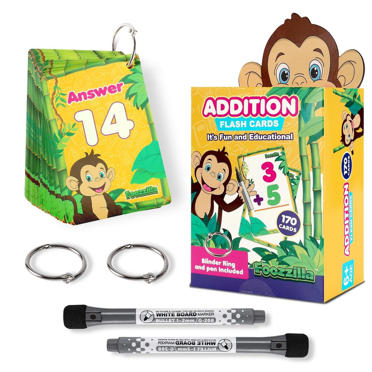 Amazon FOOZZILLA Math Flash Cards 170 Pack Addition Flash Cards For Kids Hole Punched Flashcards With 2 Binder Rings And 2 Markers Fun And Educational Learning Tools For Children 8 Old Toys Games