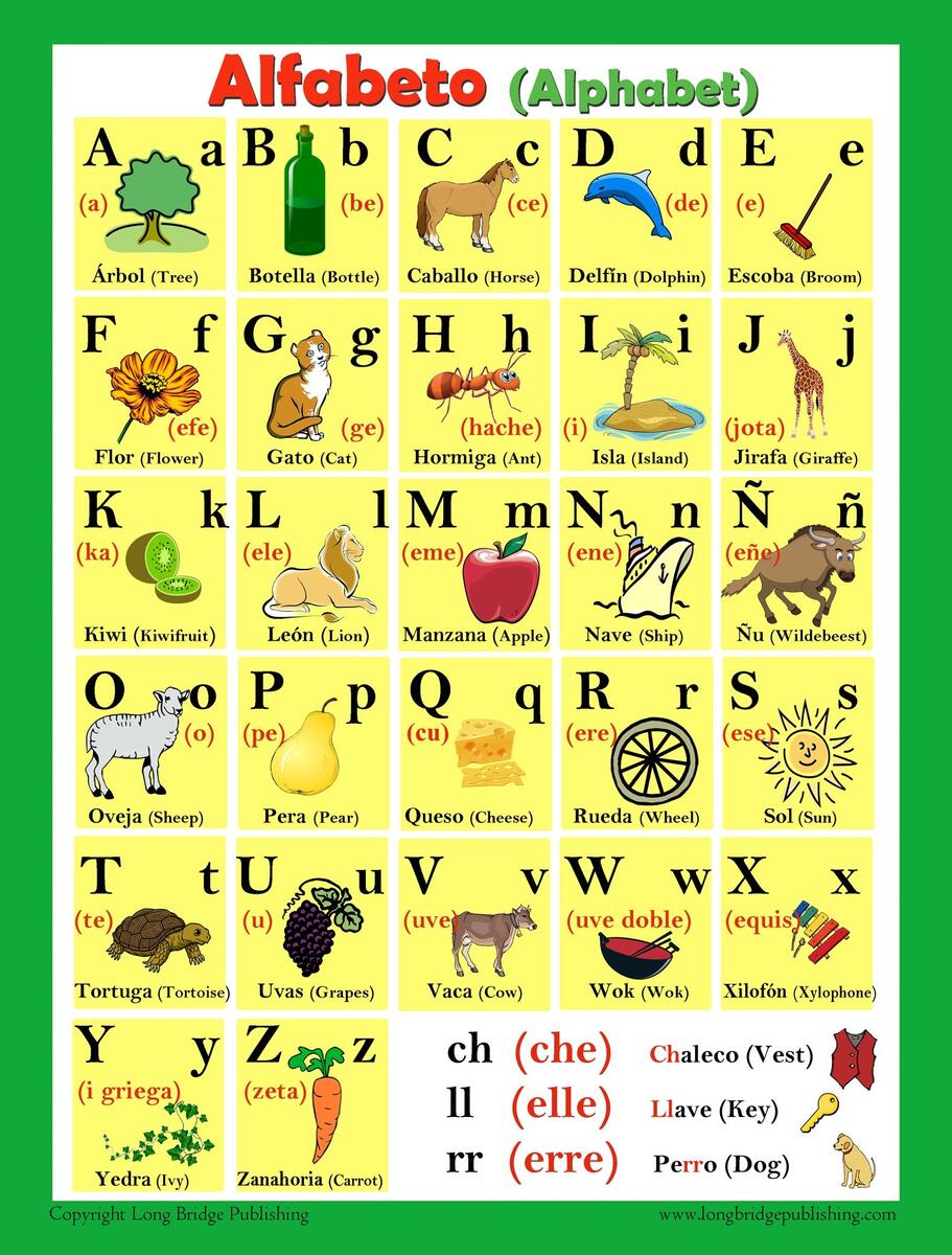 Amazon Long Bridge Publishing Spanish Language School Poster Alphabet Alfabeto Espa ol Wall Chart Spanish English Bilingual Text 18x24 Inches Long Bridge Publishing Office Products