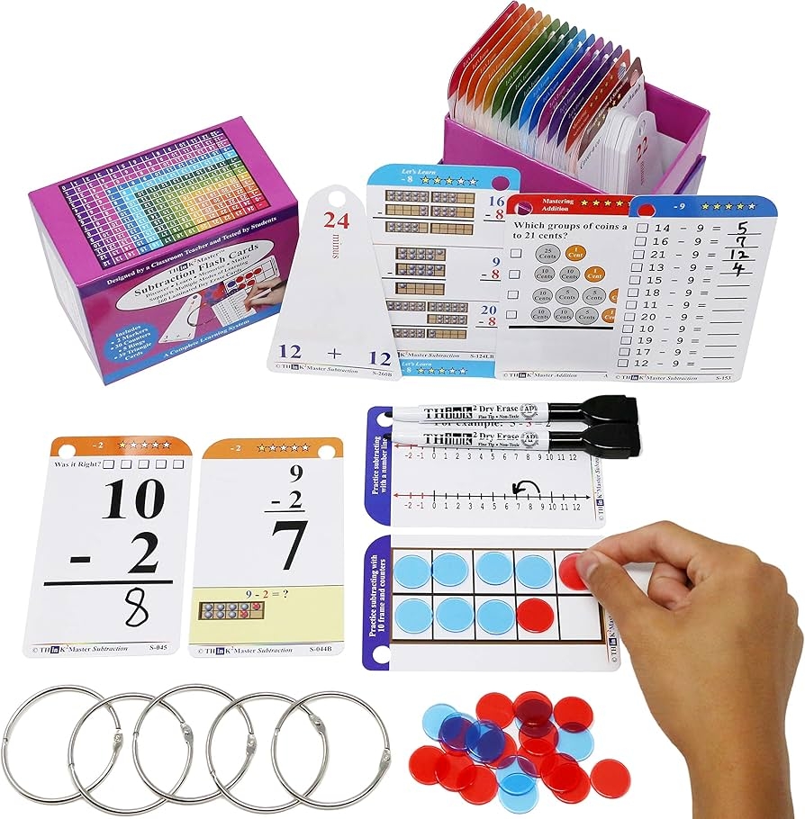 Amazon Think2Master Subtraction Flash Cards Learn To Add Subtract By Counting Writing Understanding Memorizing 260 Laminated Cards 39 Triangle Cards 2 Dry Erase Markers 5 Rings 30 Counters Toys Games