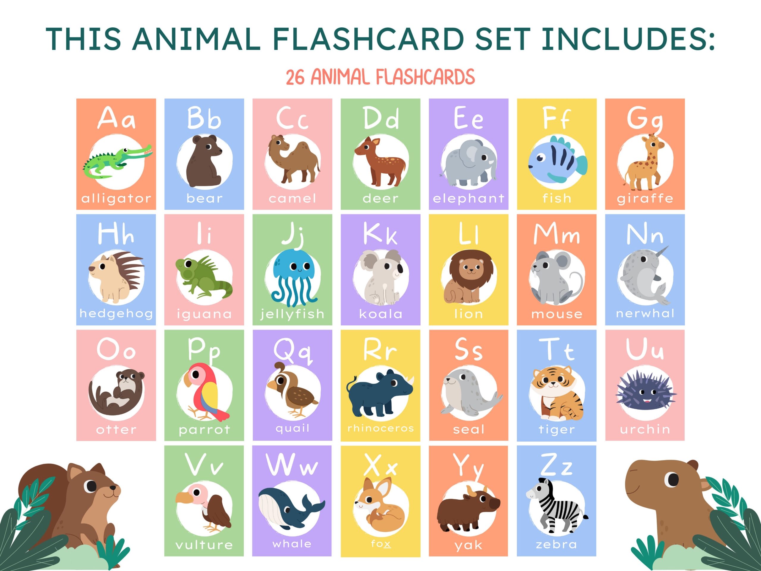 Animal Alphabet Flashcards Fun And Bright Learning Resource For Toddlers And Preschoolers Printable Etsy