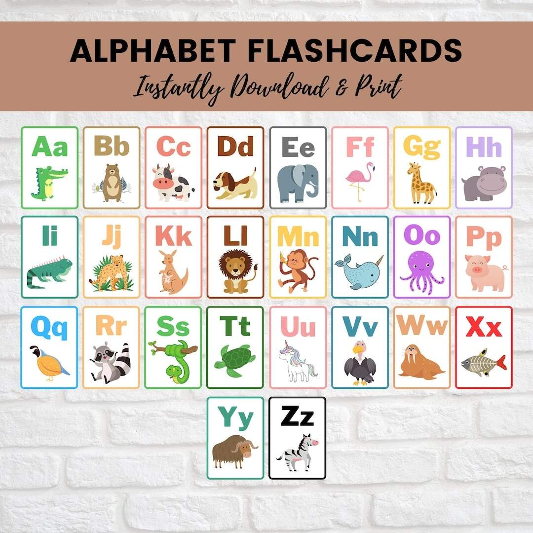 Animal Alphabet Flashcards Printable Letter Flash Cards Homeschool Back To School Preschool Kindergarten Digital Download ABC Activity Etsy
