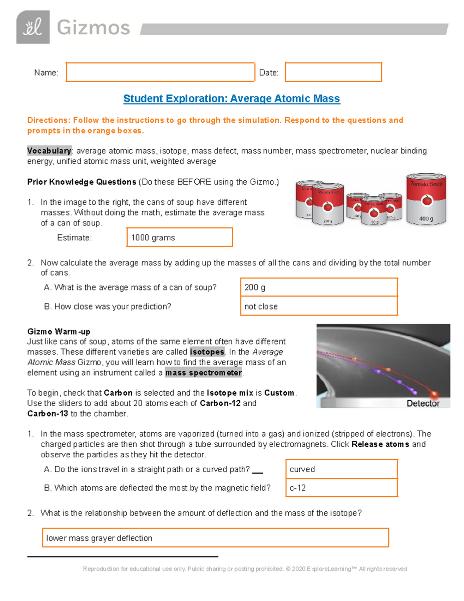 Average Atomic Mass And Isotope Exploration Gizmo Activity Studocu