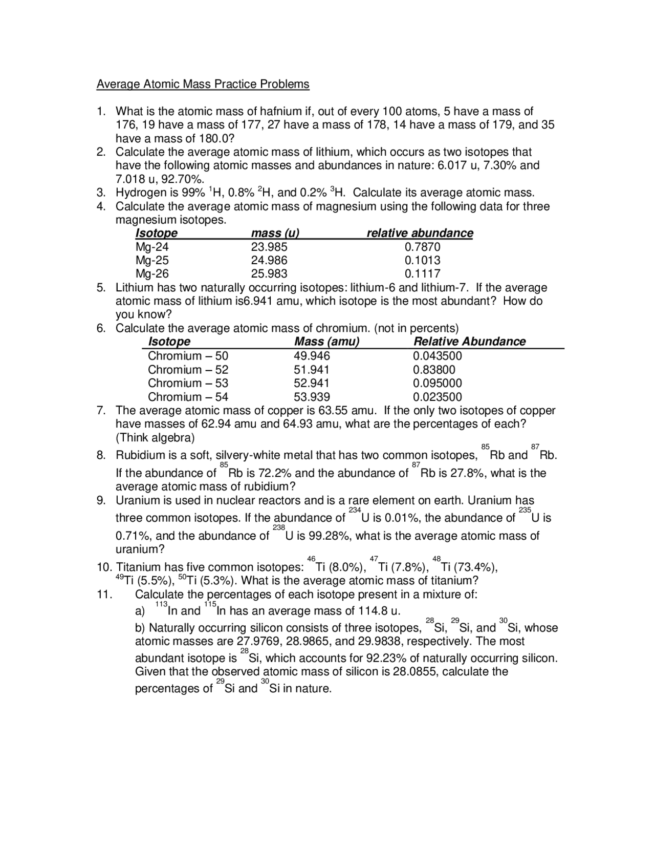 Average Atomic Mass Practice Problems Exercises Chemistry Docsity Average Atomic Mass Practice Problems Exercises Chemistry Docsity