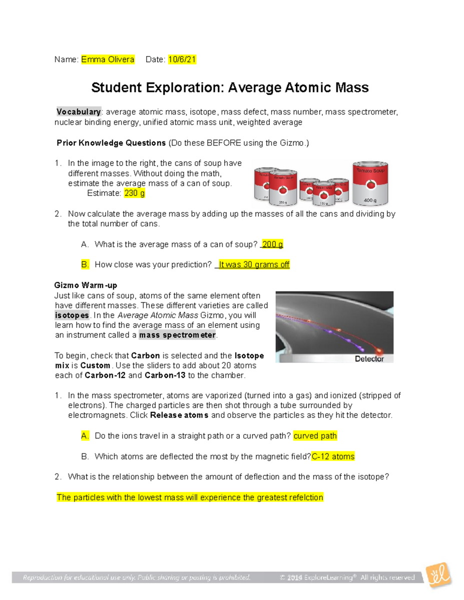 Average Atomic Mass SE Gizmos Bird Metric Answers Key Studocu
