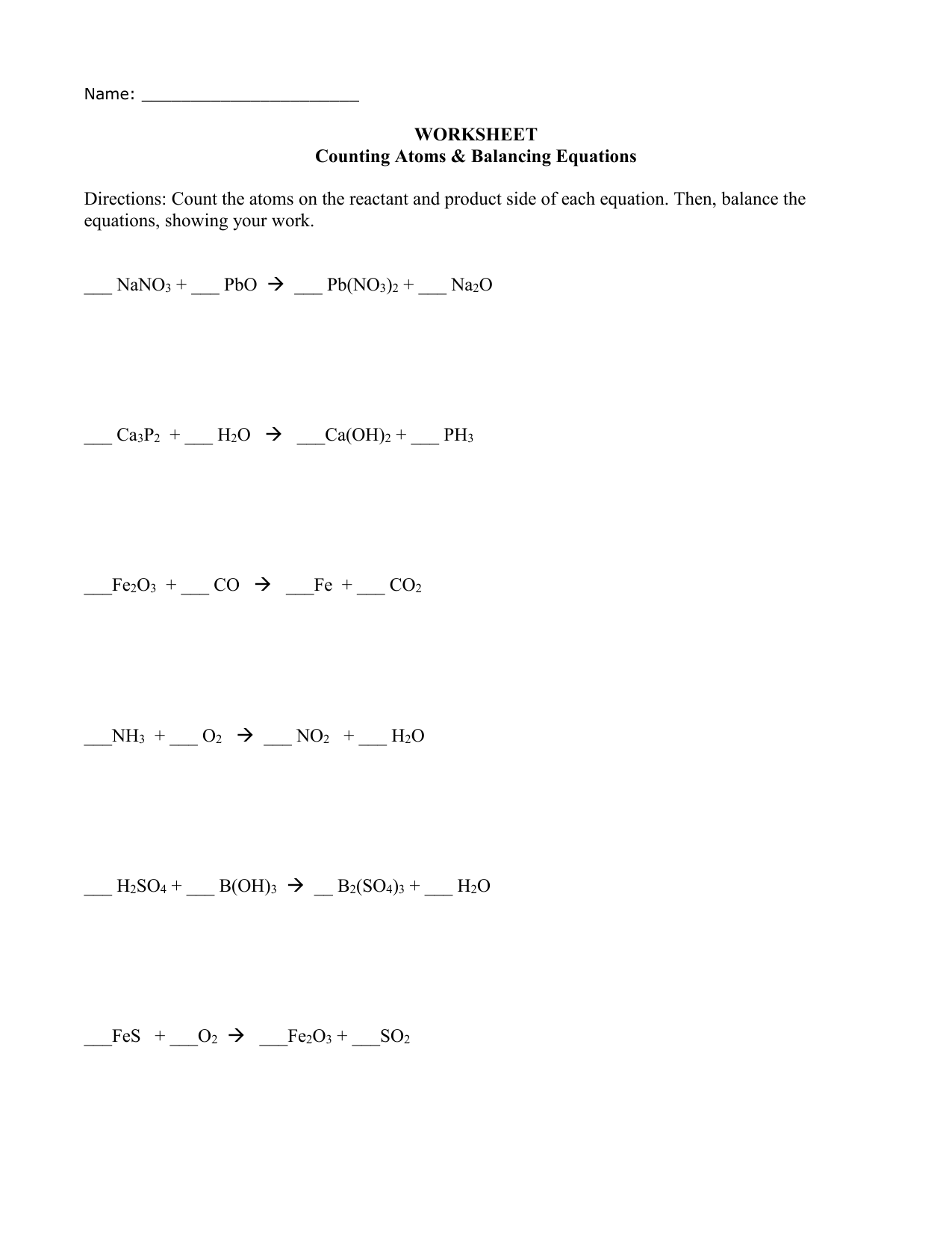 Balancing Chemical Equations Worksheet