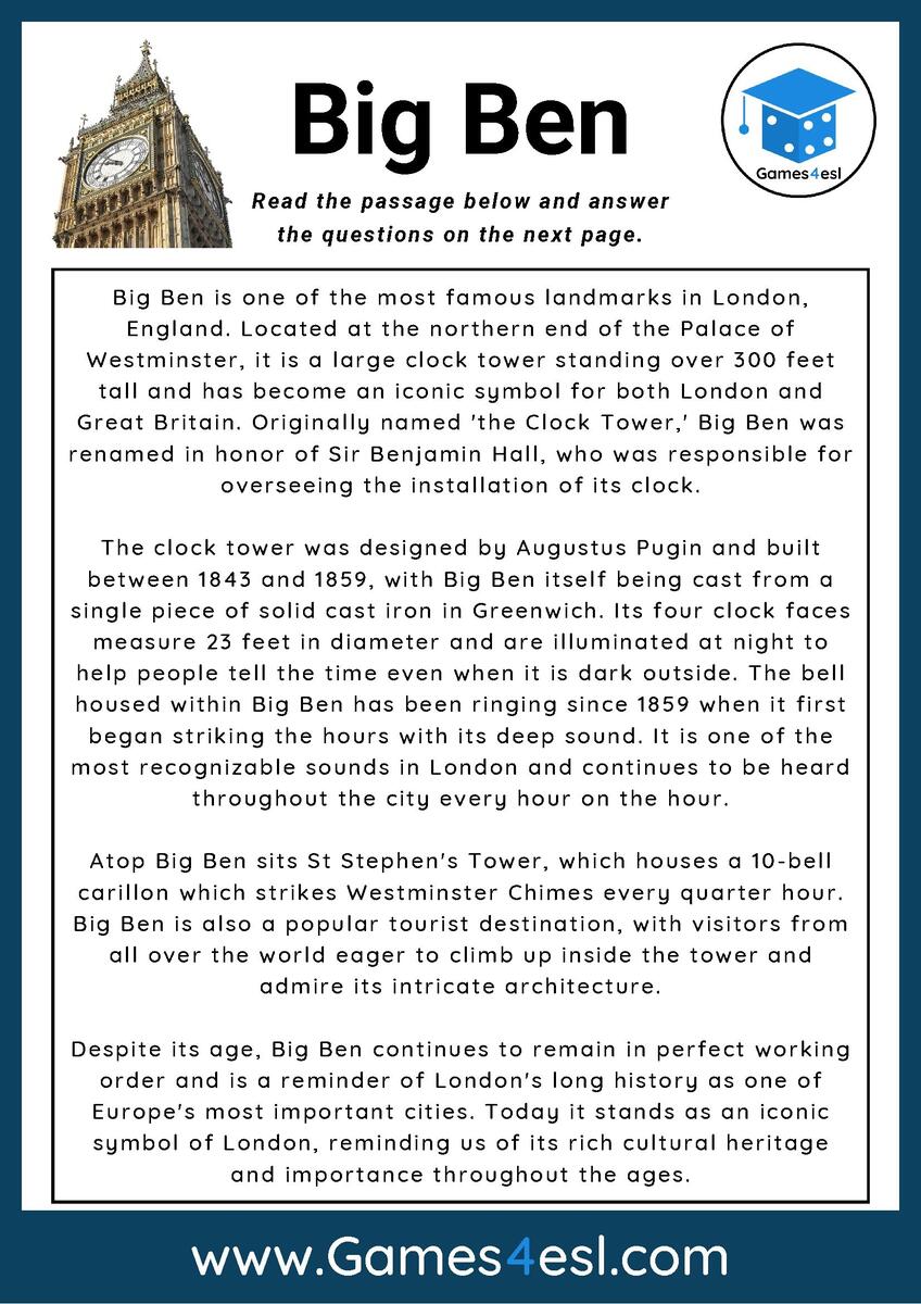 Big Ben Reading Comprehension Worksheet Games4esl Big Ben Reading Comprehension Worksheet Games4esl