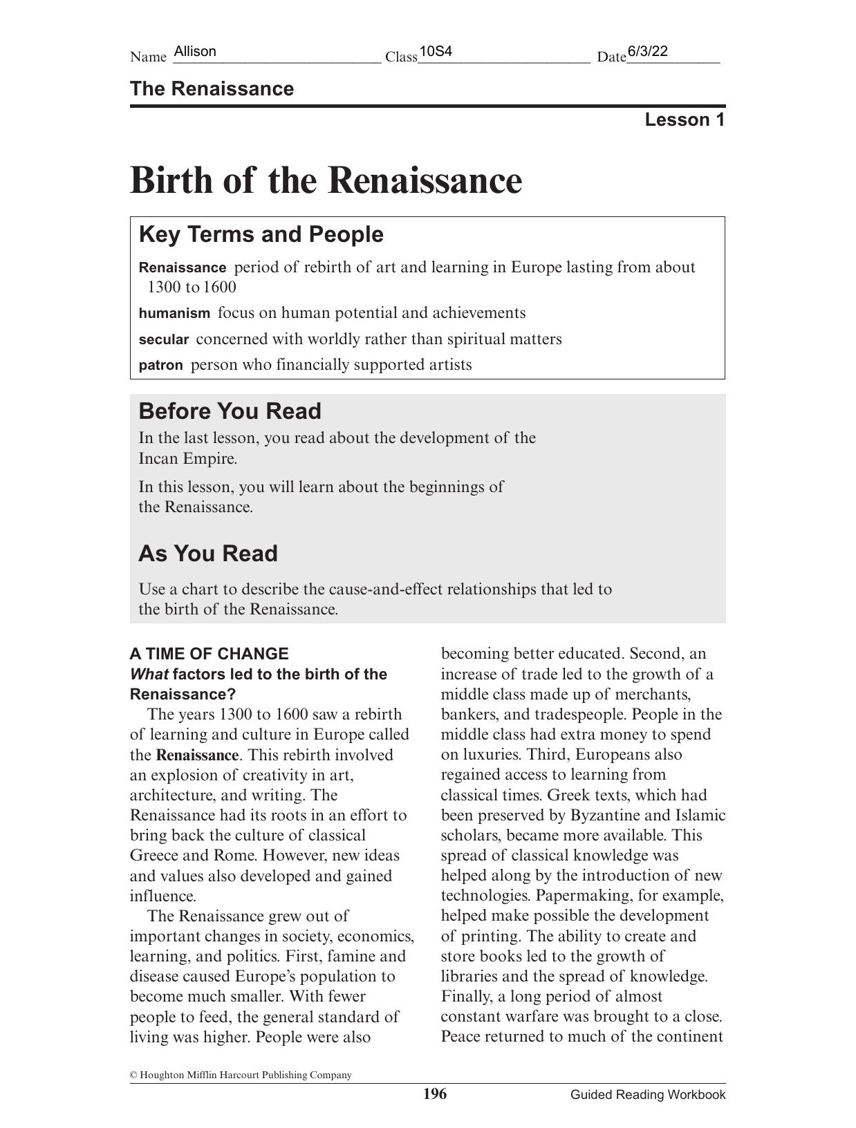 Birth Of The Renaissance Guided Reading Lesson