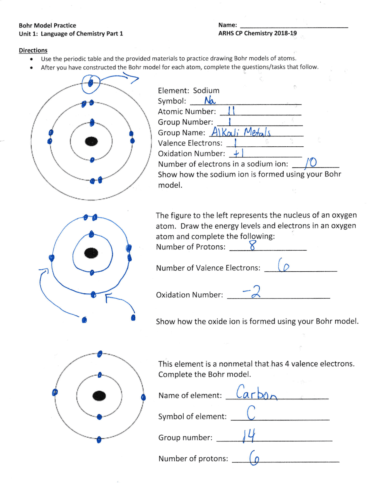 Bohr Model Key pdf Exercises Chemistry Docsity