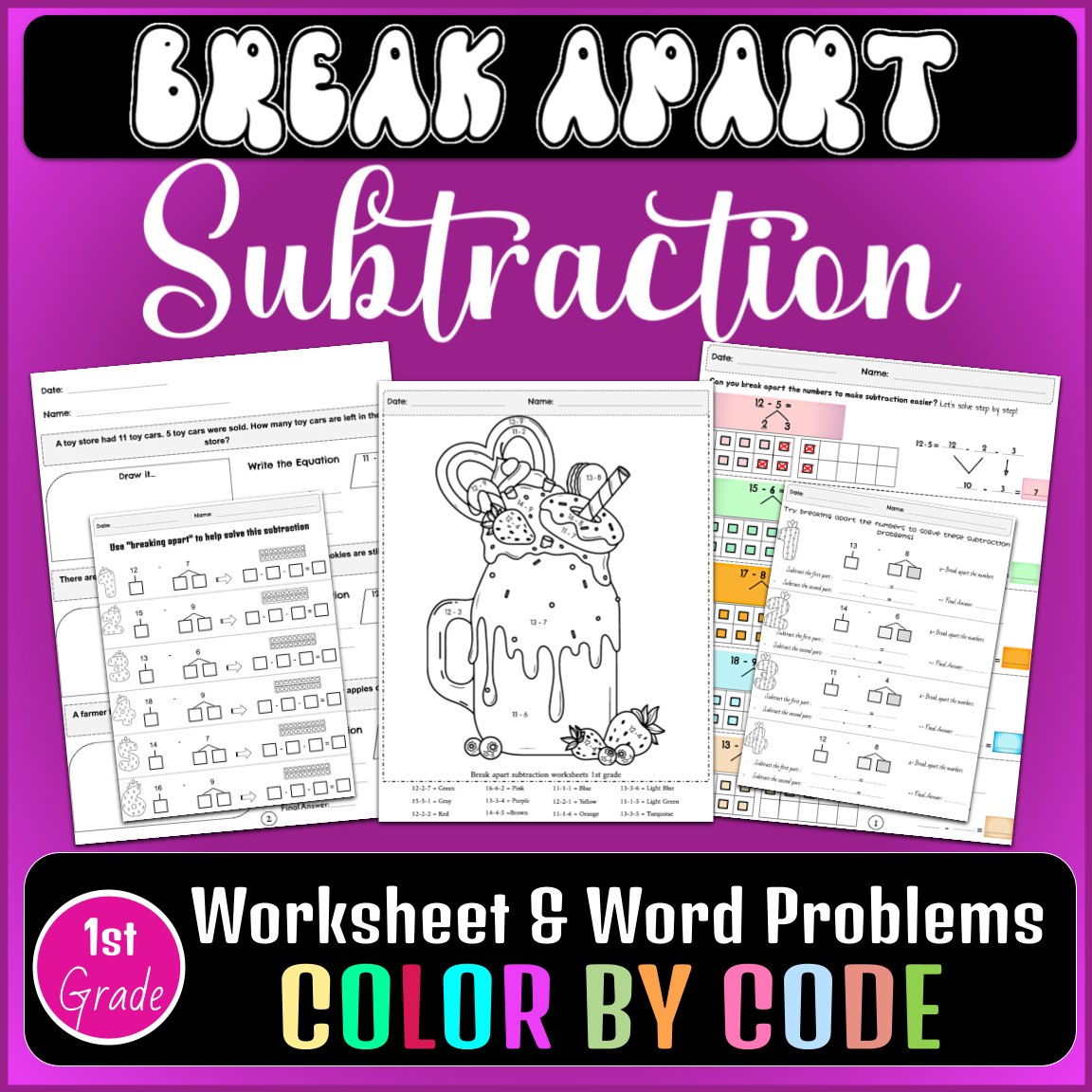 Break Apart Subtraction Strategy 1st Grade Worksheets Word Problems Color By Code Made By Teachers Break Apart Subtraction Strategy 1st Grade Worksheets Word Problems Color By Code Made By Teachers