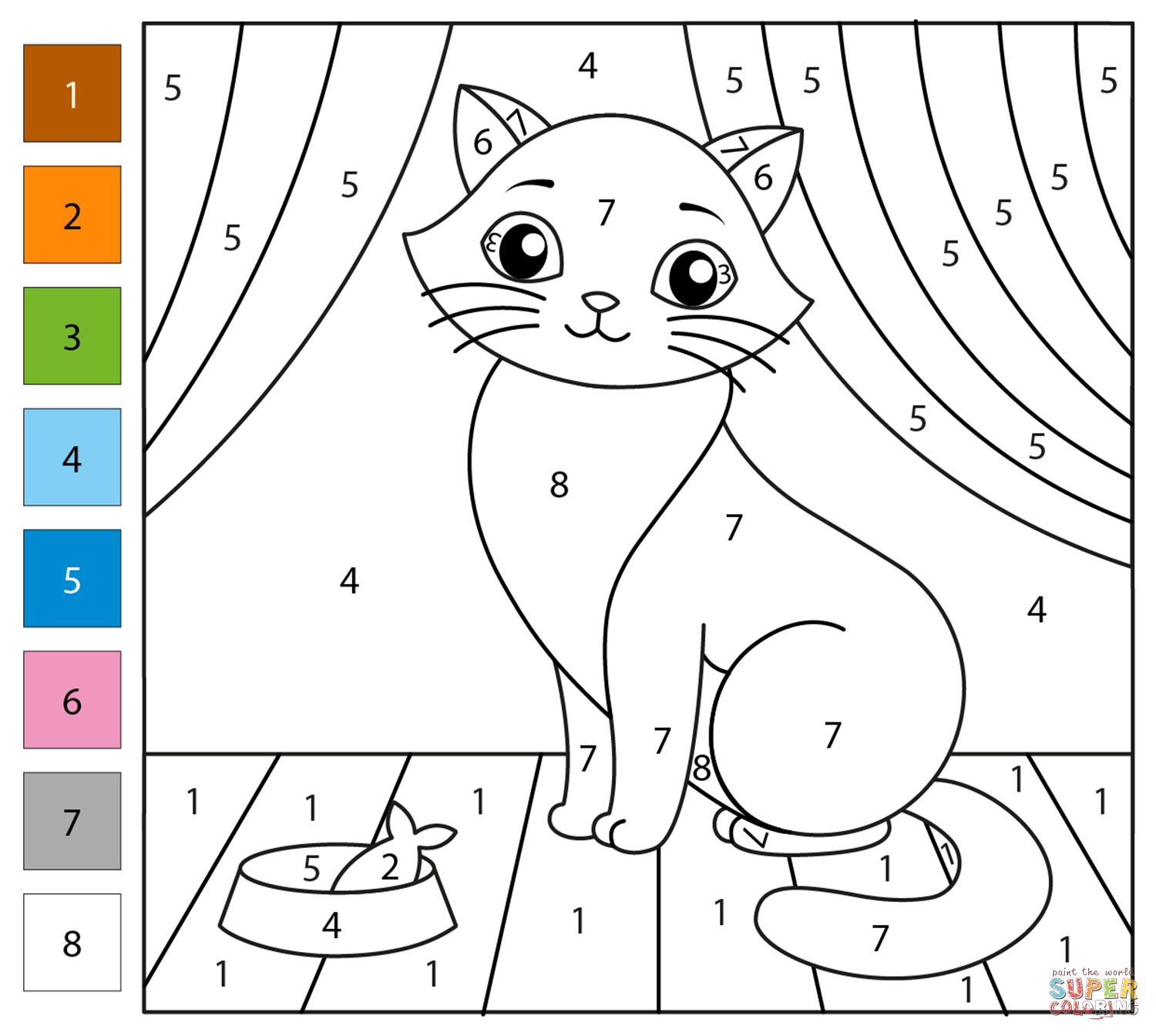 Cat Color By Number Coloring Page Free Printable Free Interactive Cat Color By Number Worksheet For Kindergarten