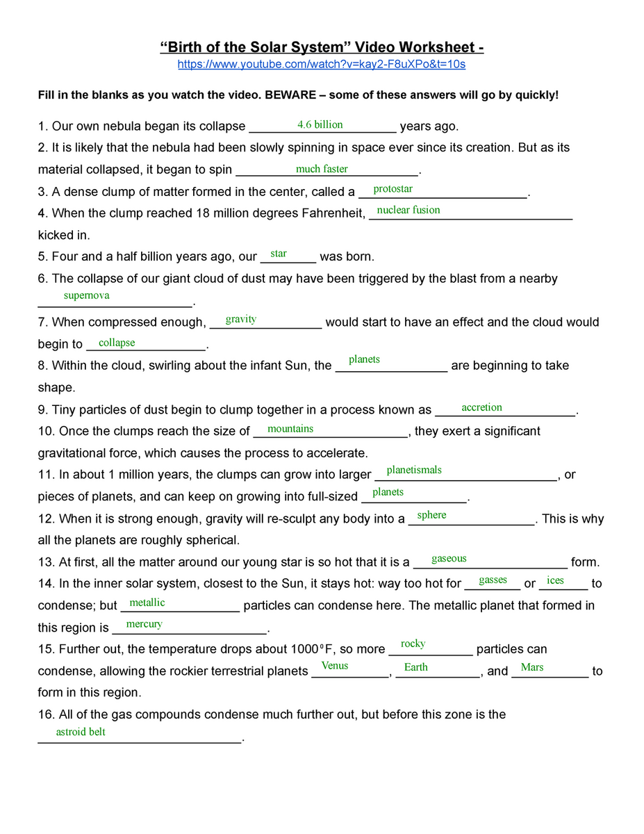 Charlie Kochlacs Birth Of The Solar System Video Worksheet Worksheets Library