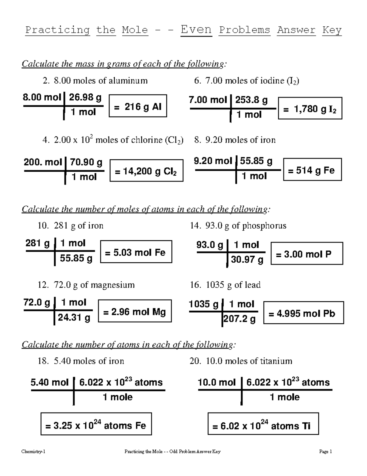 Chemistry 1 Practicing The Mole Even Problems Answer Key Studocu