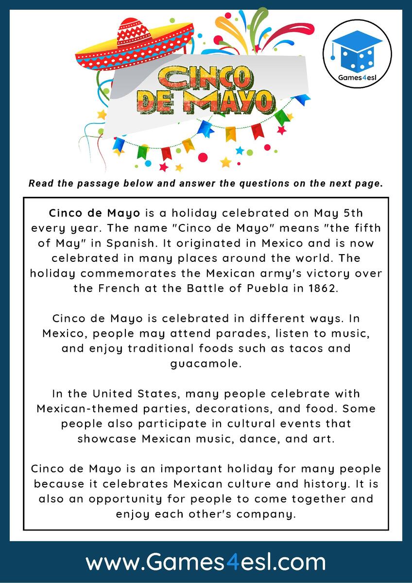 Cinco De Mayo Reading Comprehension Worksheet Games4esl Hispanic Heritage Month Reading Comprehension Passages Questions 2 Levels Made By Teachers